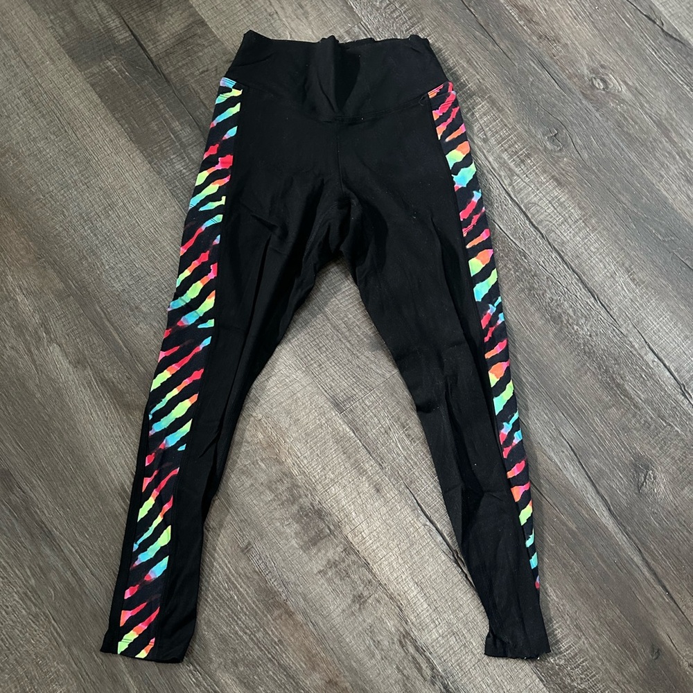 PINK Victoria's Secret Black Leggings with Neon 🌈 rainbow Zebra Side Stripes